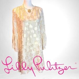 LILLY PULITZER Matilda Silk Resort White/Metallic Palm Tree Clip Jacquard Tunic